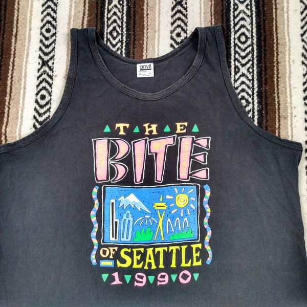 80s 90s Bite of Seattle tank top vintage T Shirt 1990 Food Festival Summer Neon colors retro Urban Art XL single stitch skate surf colorful