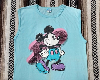 80s Mickey Mouse vintage T Shirt sleeveless retro tee Colors Hot pink turquoise Disney Character Fashions sz L 50/50 single stitch surf USA