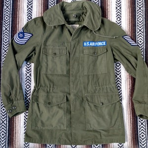 60s Military Field Coat vintage Air Force Jacket size Small Long Cotton Shell 1960s Vietnam War era Flight Pilot Patches Button Front parka