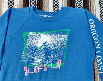 80s Surfs Up Sweatshirt vintage Poly Tees Hawaii Blue Raglan Crewneck Oregon Coast Surfing 1980s retro Neon graphic Surfer paint spots M/L