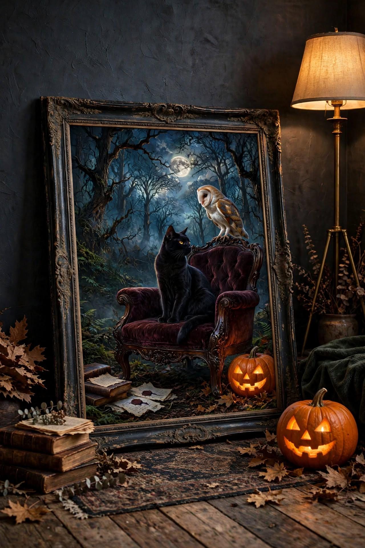Dark Academia Wall Art, Black Cat and Owl Print, Moody Vintage Halloween Decor, Gothic Witchy Digita