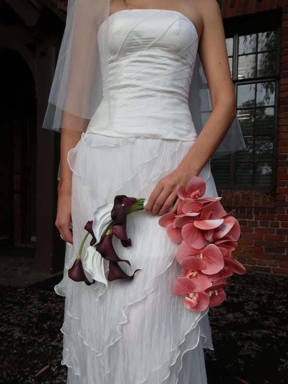 Curved Bridal Bouquet, Faux Pink Orchid, Purple Calla Lily, Modern Wedding Florals