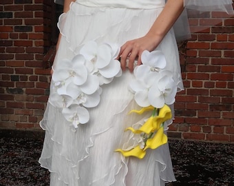 Ramo de novia artificial curvo, orquídea blanca, cala amarilla, elegantes arreglos florales para bodas