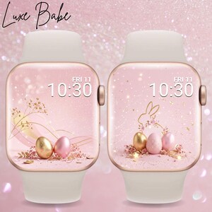 Set med 2 minimalistiska påsk-Apple Watch-tapeter, guld- och rosa påsk-Apple Watch, påskhare-Apple Watch-urtavla, söt påsk-Apple Watch