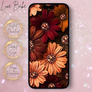 Könnte beinhalten: Ein Smartphone mit einem digitalen Hintergrundbild aus geschichteten Blumen in Dunkelrot-, Burgunder- und warmen Orangetönen mit glitzernden Mitten. Der Text links lautet Luxe Babe, Instant Download, Perfect Size und High Resolution in Schreibschrift.