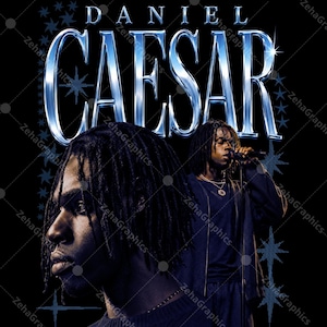 May include: A graphic design featuring the text DANIEL CAESAR in a metallic blue chrome font. The image displays two portraits of a person with dreadlocks, one in a close-up profile view and another singing into a microphone, accented by blue stars.
