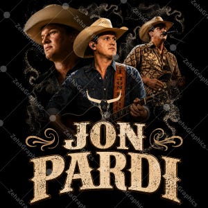 May include: A graphic design featuring country singer Jon Pardi wearing a cowboy hat and a dark button-down shirt while playing an acoustic guitar. The image includes a bull skull icon and the text JON PARDI in a large, distressed, beige font.