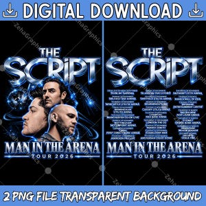 Pode incluir: Um gráfico de download digital apresentando a turnê The Script Man In The Arena Tour 2026. O design inclui texto azul metálico, retratos de três membros da banda e uma lista de datas e locais em um fundo preto com efeitos de luz azul.