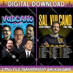 Może przedstawiać: Cyfrowe pobieranie z Sal Vulcano. Projekt zawiera obrazy Sal Vulcano, tekst "VULCANO SAL" w niebiesko-białym wzorze oraz "SAL VULCANO EVERYTHING'S FINE TOUR". Dołączony jest również harmonogram trasy.