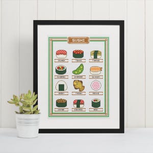 May include: A framed cross-stitch artwork depicting different sushi varieties, such as salmon, tobiko, and tamago. The design has a pixelated aesthetic with a green and brown border, and the word "SUSHI" is at the top. The artwork is displayed on a white background.