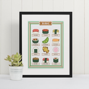 May include: A framed cross-stitch artwork featuring various sushi types, including salmon, tuna, and shrimp. The word "SUSHI" is at the top. The artwork is in a black frame and sits on a white surface with a small potted plant.