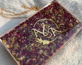 Handmade Resin Clutch Purse with Real Roses, Floral Epoxy Mini Bag, Custom Monogram