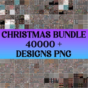 May include: A collection of Christmas-themed designs, presented in a grid layout. The image features a variety of festive graphics, including Santa Claus, snowmen, and ornaments. The text "CHRISTMAS BUNDLE 40000+ DESIGNS PNG" is displayed across the center of the image.