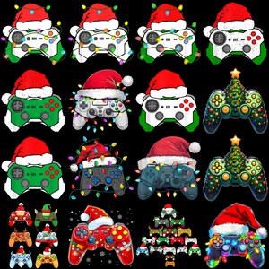 May include: A collection of Christmas-themed video game controller designs. Controllers are decorated with Santa hats, Christmas lights, and some are shaped like Christmas trees. The controllers come in various colors, including green, red, white, and black, set against a black background.