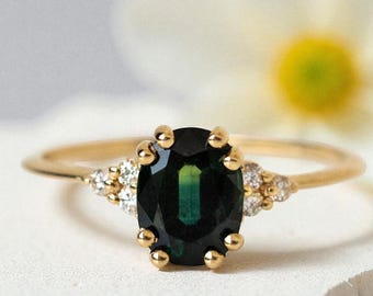 Blue Green Sapphire Ring 14K-Gold September Birthstone Jewelry Engagement Ring, Anniversary Gift For Her