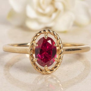 Vintage Oval Ruby Ring in 14k-Gold, Rope Twist Halo Engagement-Ring, Victorian Inspired Solitaire, July-Birthstone-Gift