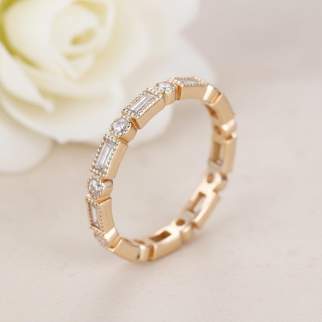 Baguette & Round Cut Moissanite Wedding Band Women 14K Gold Full ...