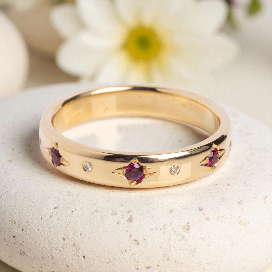 14k Solid Gold Ruby Ring, Dainty Stacking Ring, Gold Minimalist Band ...