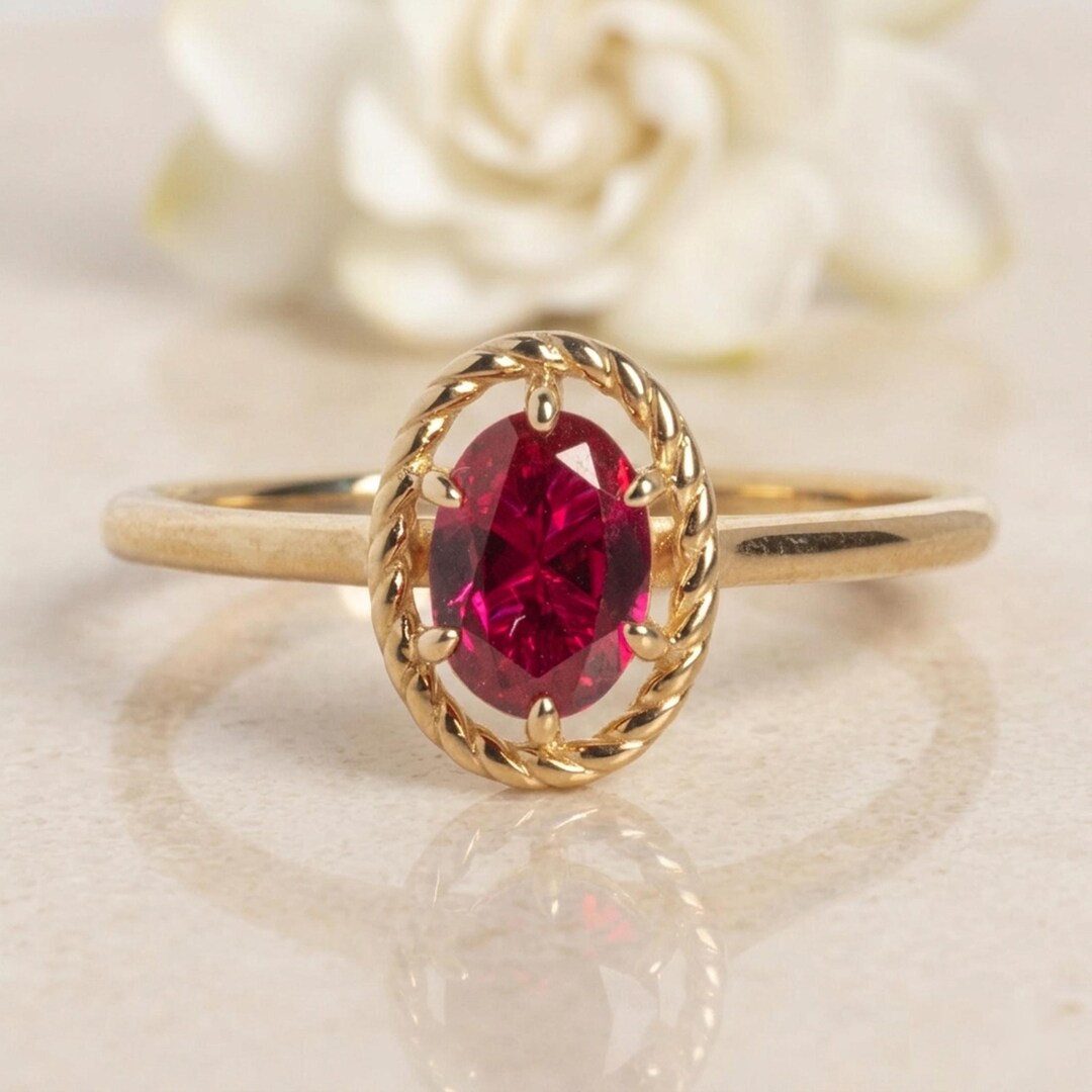 Ruby Rope Rings Vintage Oval Ruby Ring in 14k-gold, Rope Twist Halo Engagement-ring ...