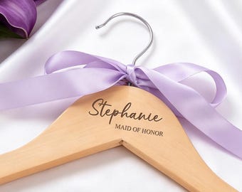 Personalized Bridesmaid Hangers, Engraved Wedding Wooden Hanger with Ribbon Bow