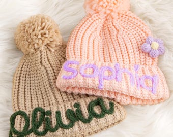 Custom Name Baby Hat, Knit Newborn Beanie with Name, Personalized  Embroidered Name Crochet Beanie Hats, Winter Hat for Baby Toddler Kids