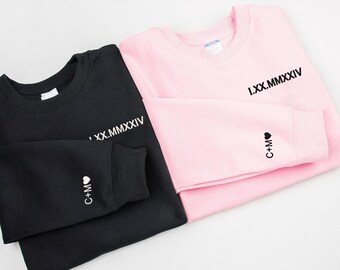 Custom Embroidered Roman Numeral Sweatshirt, Matching Couples Hoodie with Initials on Sleeve, Anniversary Gift for Couples