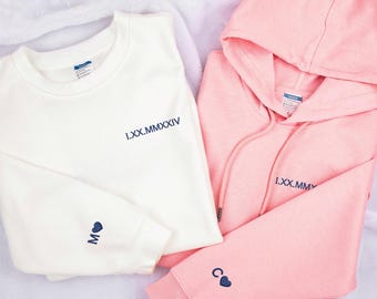 Embroidered Roman Numeral Sweatshirts for Couples, Matching Couples Hoodies with Initials on Sleeve, Custom Anniversary Gift