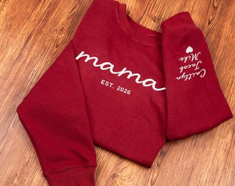 Custom Mama Embroidered Sweatshirt with Names on Sleeve, Personalized Grandma Hoodie, Mom Embroidery Shirts, Mothers Day Gift for New Mom