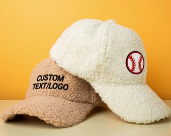 Custom Text or Logo Baseball Cap, Faux Shearling Winter Hat