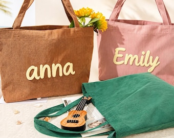 Custom Corduroy Bag, Personalized Tote Bag, Name Embroidered Tote, Bridesmaid Gift, Graduation Gift for Her