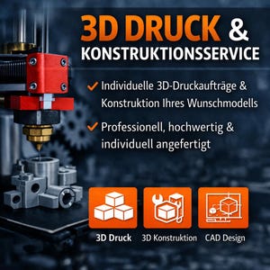 Op de afbeelding: Afbeelding die 3D-print- en constructiediensten promoot. De tekst luidt "3D DRUCK & KONSTRUKTIONSSERVICE" met aanvullende tekst in het Duits. Pictogrammen voor 3D-printen, 3D-constructie en CAD-ontwerp zijn opgenomen. Een 3D-printer is zichtbaar.