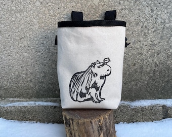 Handmade Capybara Linoprint Chalk Bag: Rock Climbing Gift