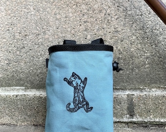 Handmade Rock Climbing Chalk Bag: Cat Linoprint, Elastic Brush Holder