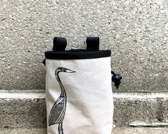 chalk bag, bird chalkbag, bird, blockprinted, handprinted, linocut rock climbing chalk bag, heron