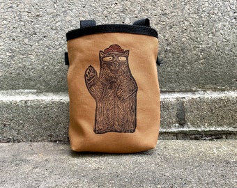 Handmade Bear Linoprint Chalk Bag: Rock Climbing