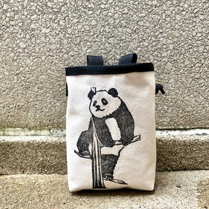 climbing panda, chalk bag, rock climbing chalkbag, chalkbags, linoprint, chalkbag, handcarved, blockprint, rock climbing, chalk bag,