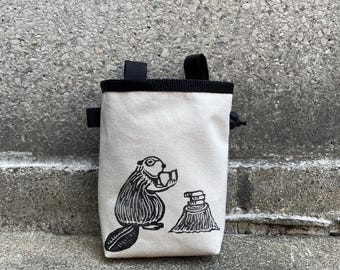Handmade Beaver Chalk Bag, Blockprint Canvas, Brush Holder