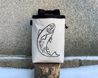 Handmade Salmon Linoprint Chalk Bag: Rock Climbing Canvas Chalkbag