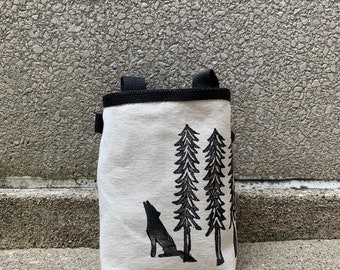 Handmade Wolf Linoprint Chalk Bag: Rock Climbing Chalkbag