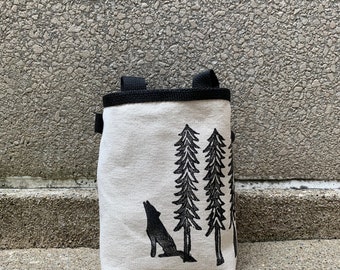 chalk bag, rock climbing chalkbag, chalkbags, linoprint, chalkbag, handcarved, blockprint, rock climbing, chalk bag, wolf