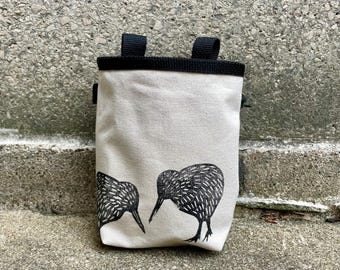 Hand-Printed Kiwi Bird Chalk Bag, Rock Climbing Canvas Chalk Pouch
