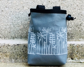 Handcarved Wildflower Linoprint Chalk Bag, Rock Climbing