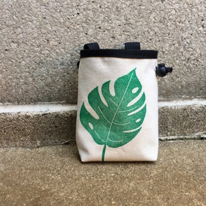 chalk bag, rock climbing chalk bag, chalkbag, climbers, climbing gifts, rock climbers, canvas chalkbag, linoprint, monstera