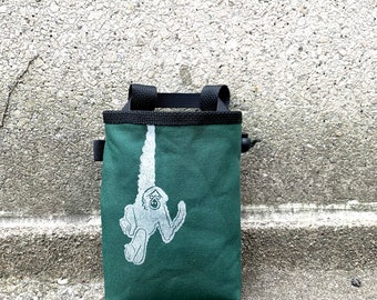 chalk bag, rock climbing chalk bag, chalkbag, climbers, climbing gifts, rock climbers, canvas chalkbag, linoprint, siamang, monkey