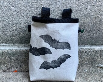 Handprinted Bat Rock Climbing Chalk Bag: Linocut Canvas Bag