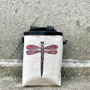 chalk bag, rock climbing chalk bag, chalkbag, climbers, climbing gifts, rock climbers, canvas chalkbag, linoprint, dragonfly , insect,