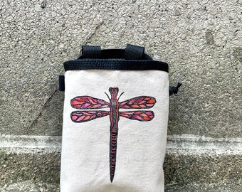 chalk bag, rock climbing chalk bag, chalkbag, climbers, climbing gifts, rock climbers, canvas chalkbag, linoprint, dragonfly , insect,