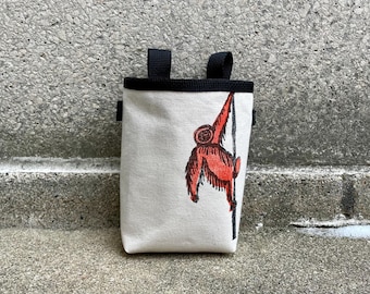 Handmade Canvas Chalk Bag, Orangutan Monkey Linoprint, Climbing Gift