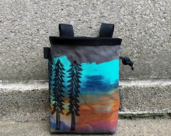 chalk bag, rock climbing chalkbag, chalkbags, handpainted, painted, chalkbag, rock climbing, chalk bag, sunset, trees