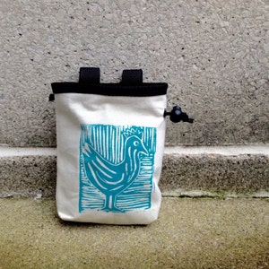 chicken, blockprinted, handprinted, linocut rock climbing chalk bag, chalkbag, chicken chalk bag